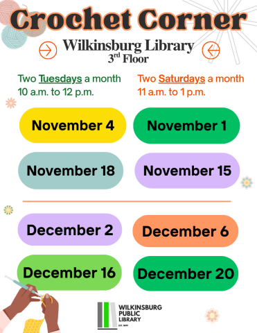 Crochet Corner at Wilkinsburg Library (605 Ross Ave) on the 3rd floor