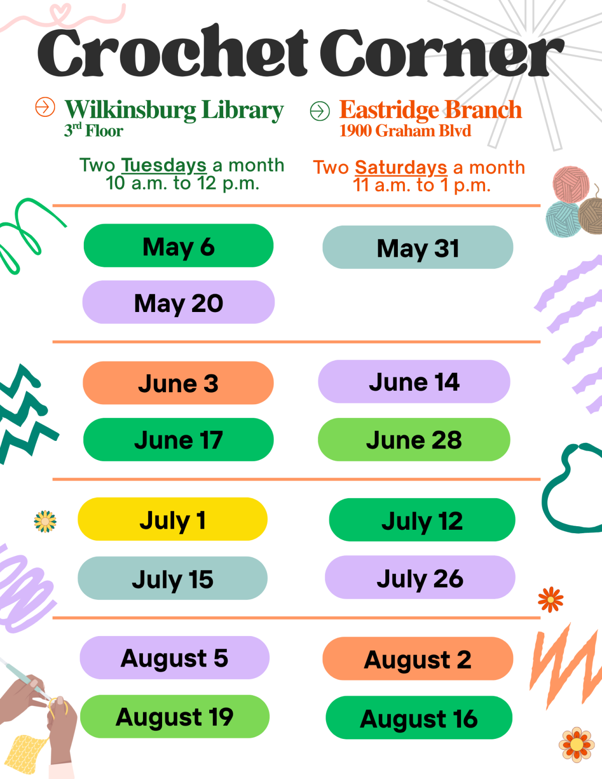 List of scheduled crochet corner events