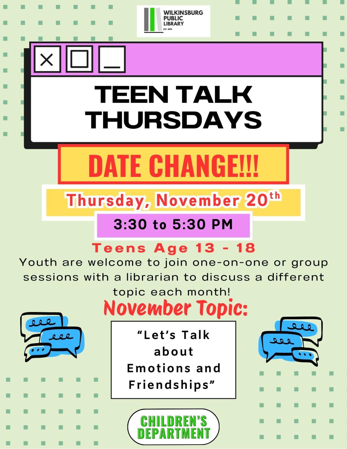Teen Talk Thursday - Date Change